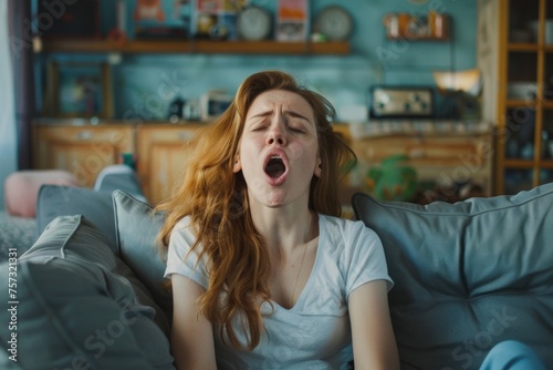 Young woman yawns bored sitting at home on sofa in living room, Generative AI