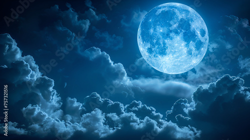 Full Moon at Night with a Cloud Passing Over, Mystical Moonlit Sky with Copy Space, Serene Nighttime Landscape, Lunar Beauty and Tranquility, Generative AI