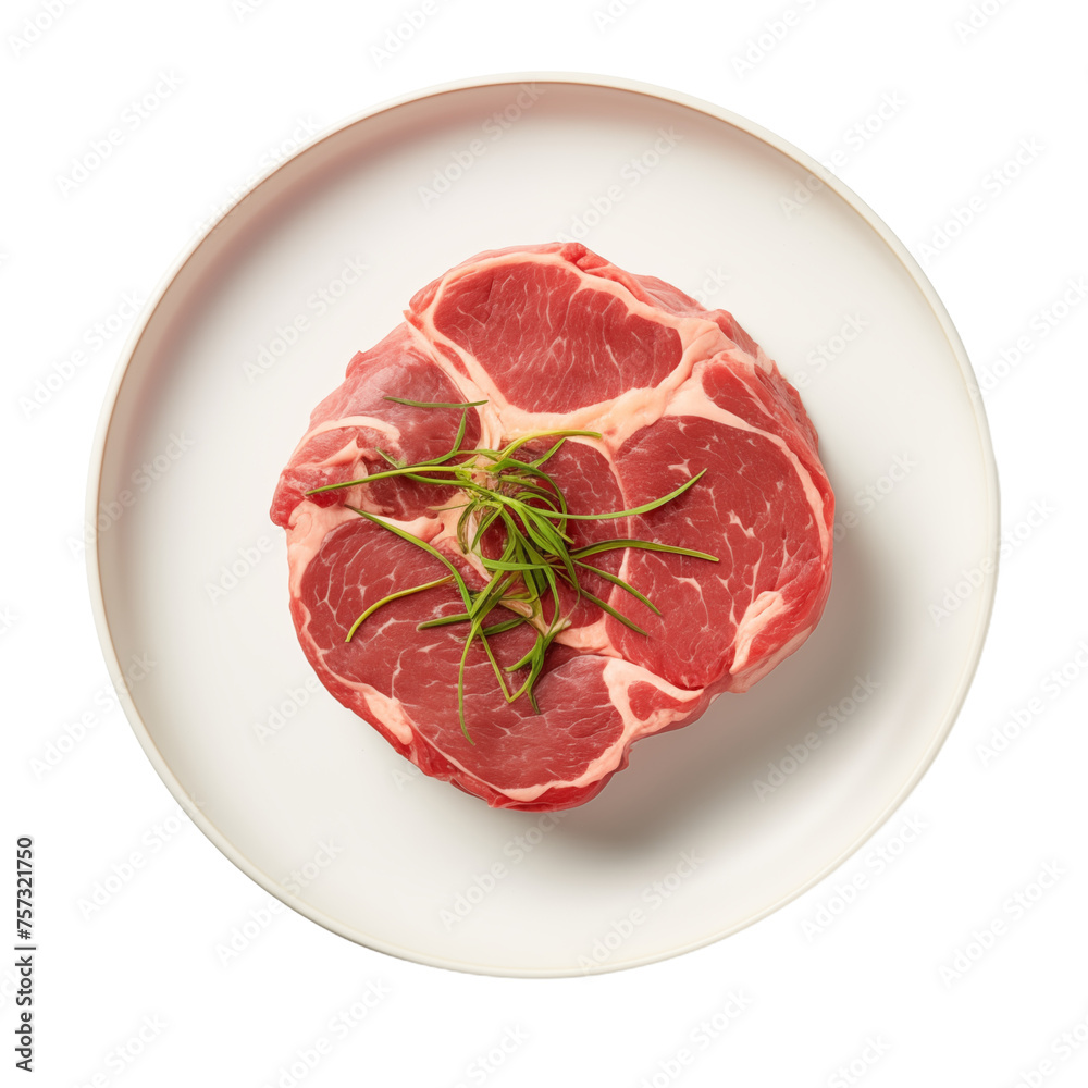Raw beef steak with rosemary garnish on a white plate Raw beef steak with rosemary garnish on a white plate
