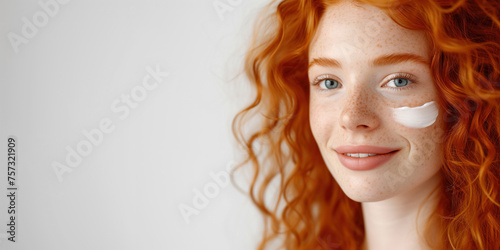 Medium portrait of beautiful young redhead woman with cream on face