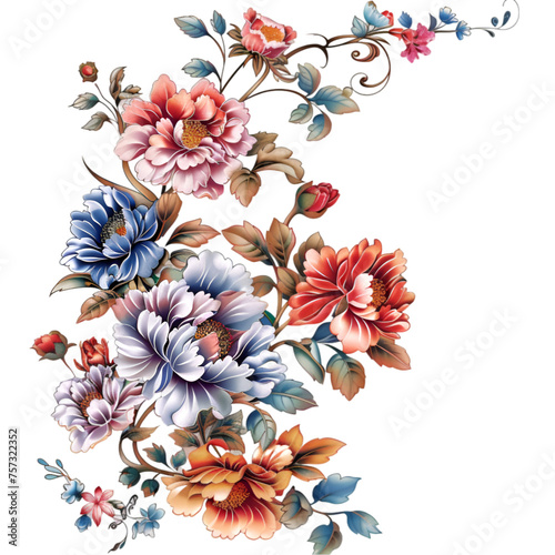 Oriental Style Floral Sticker Illustration on White Background