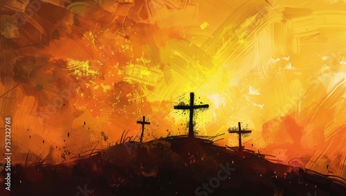 A digital painting of an Easter scene with three crosses on the hill Generative AI photo