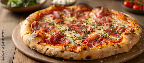 Delicious prosciutto pizza with tomato sauce, cheese, ham and herbs. Italian food, dish, meal, snack, dinner, lunch. 