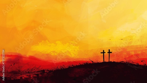 abstract background, yellow and red color tones, brush strokes, silhouette of two crosses on the horizon in front of an empty hillside Generative AI