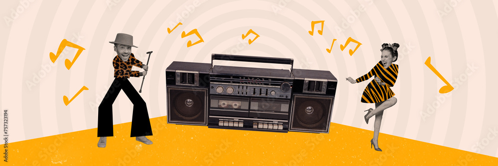 Fototapeta premium Horizontal picture magazine collage of two young people couple lovers wear theme clothing enjoy retro music isolated on beige background