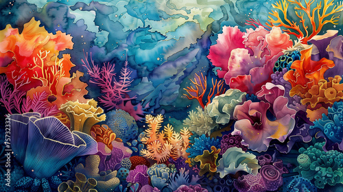 Watercolor painting depicting a rich and vibrant underwater scene with a diverse array of coral reef life.
