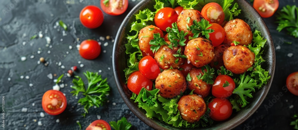 Falafel top view. A bowl of cherry tomatoes and meatballs made of cheese. web banner with Copy space for text.