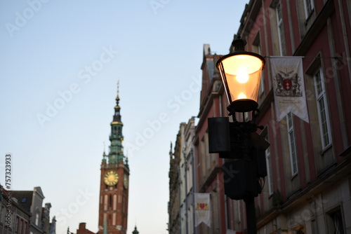 Poland, Gdansk. August 16, 2023. Night. Street lamp on the background of the city