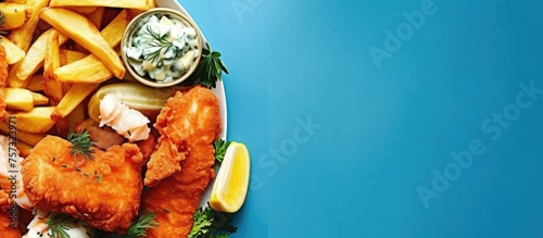 Fish and Chips top view. Fish and chips with tartar sauce on a blue background. web banner with Copy space for text.