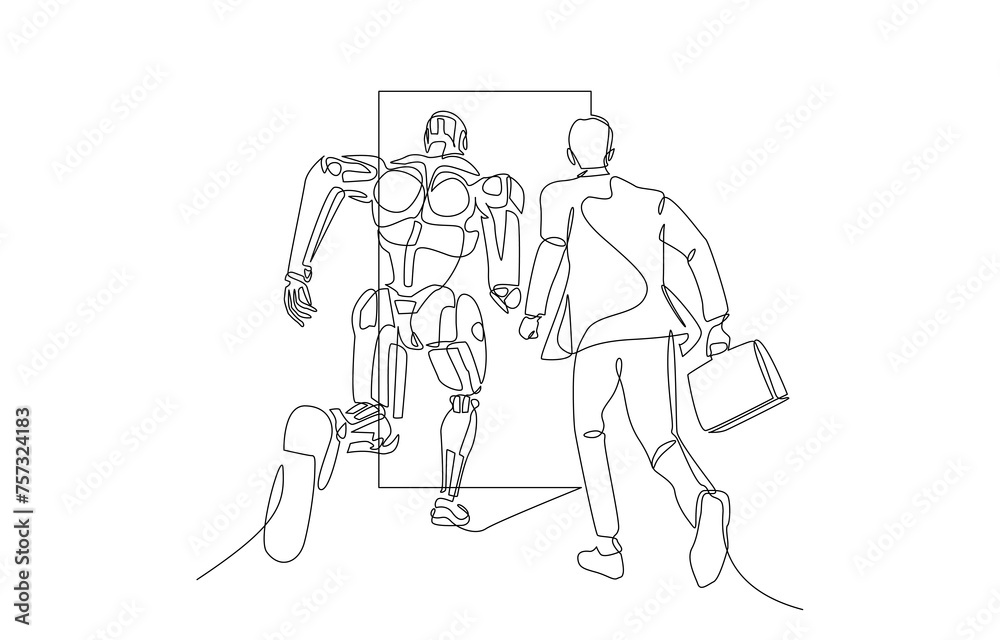 Obraz premium Continuous one line drawing of businessman and robot competing to enter door first, human versus AI, employment concept, single line art.