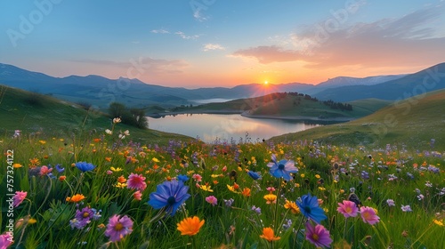 A serene landscape at dawn, misty mountains in the background, a crystal-clear lake in the foreground, wildflowers blooming 