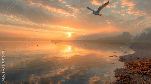 A tranquil beach at sunrise, golden light reflecting on calm waters, with a lone seagull soaring above - a picture of peace and beauty 