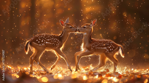 Two gentle fawns nuzzle affectionately in a mystical forest, with the ground and air around them aglow with golden specks of light. Fawns Nuzzling in Enchanting Golden Forest. © NaphakStudio