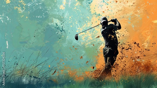 Golfer silhouette on golf course with dynamic splatter paint effect on abstract background. Painted illustration. Concept of professional and luxury sport, leisure time, recreation, games.