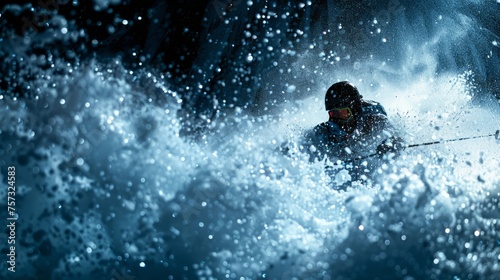 Alpinist fighting with snow avalanche, adventure concept. © Sanja