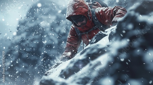 Alpinist fighting with snow avalanche, adventure concept.