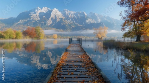 Wooden pier on autumn lake in Alps. Snowy mountains and orange trees on background. Landscape photography