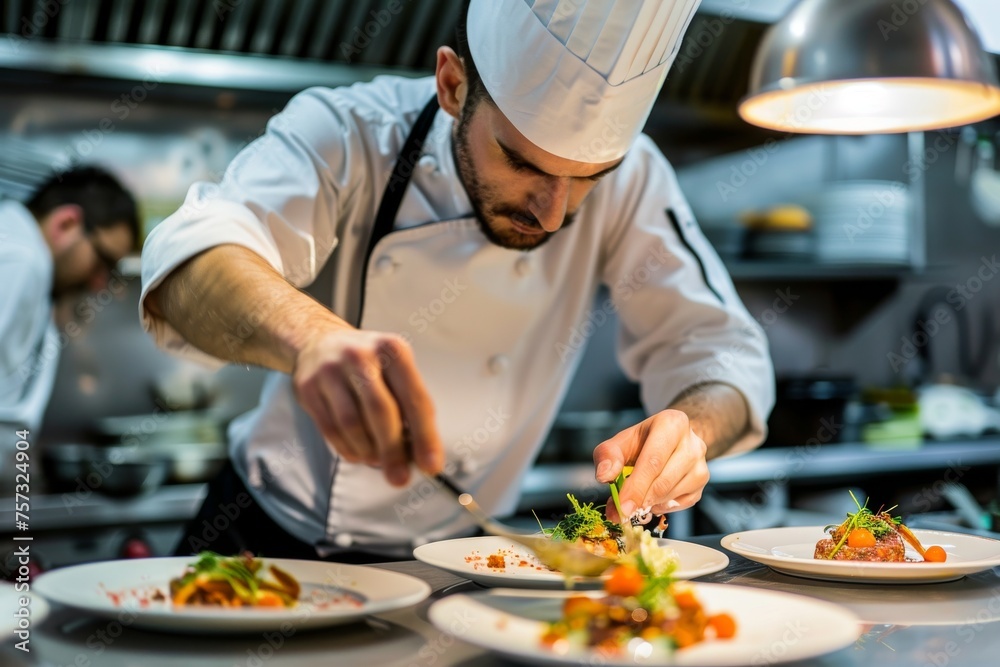Male chef plating food in plate or preparing cooking food in kitchen at restaurant. Male chef plating food in plate or preparing cooking food in kitchen at restaurant.
