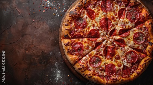 Pizza top view. Copy space for text. pepperoni pizza sits on a wooden table. It is cut into 8 slices. The pizza has a crispy crust. web banner with Copy space for text.