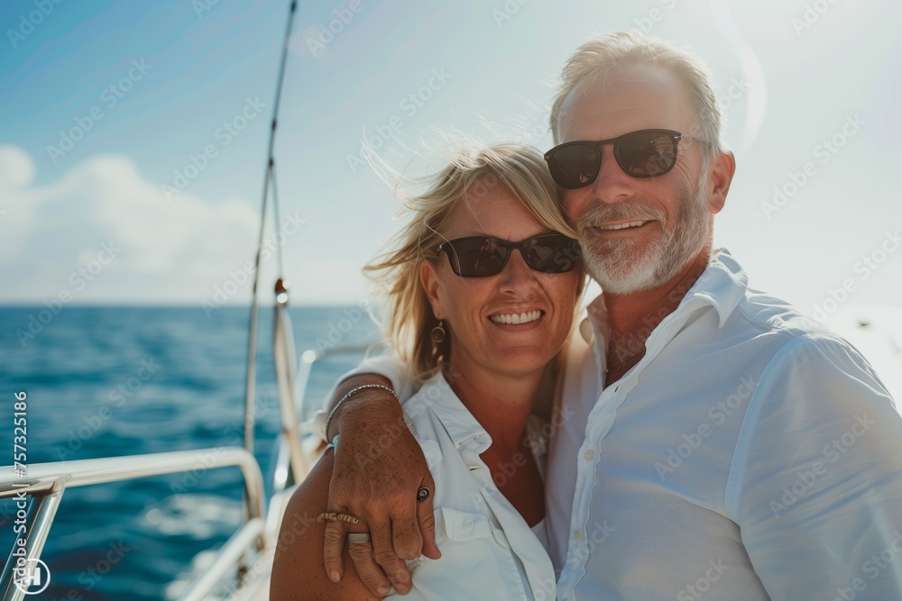 A couple with sunglasses are smiling for a photo on a boat in the ocean, with clear blue skies and fluffy clouds in the background