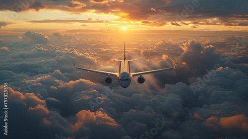 plane in the clouds, sunset, cinematic lighting, beautiful, text copy space photo