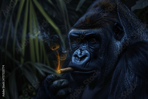 As night falls over the jungle the glowing tip of a gorillas cigar illuminates his thoughtful expression a sentinel in the darkness