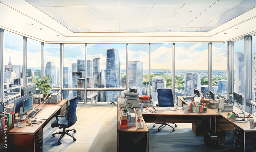 Wide panoramic view inside an office in a skyscraper. Office space without people. Watercolor style.
