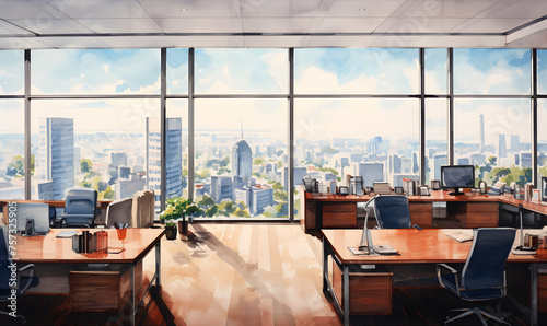 Panoramic view inside luxury office in skyscraper. Drawing in watercolor colors.