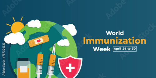 World Immunization Week. Earth, syringe, vaccine, shield, cloud, sun and bandage. Great for cards, banners, posters, social media and more. Blue background. photo