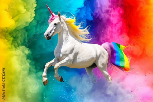 In a burst of vibrant colors an LGBTQ unicorn dances its mane and tail adorned with the rainbow flag symbolizing pride and freedom