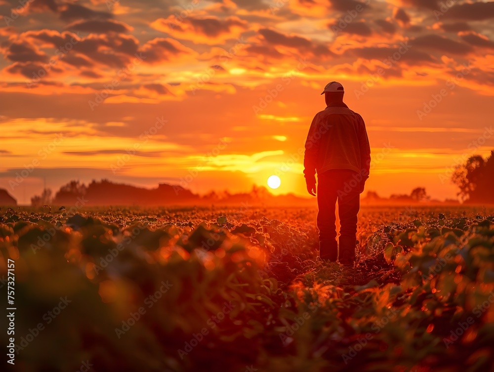 A man in a hat walks through a field of crops. The sun is setting, casting a warm glow over the scene