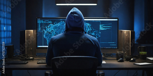 a hacker seen from behind working in a dark blue room