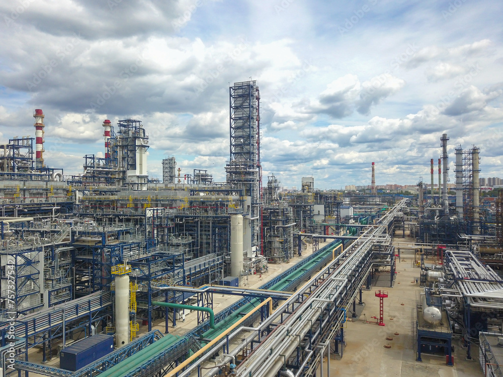 Panoramic view of a large modern oil refinery.