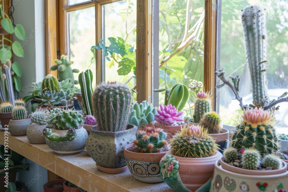 Many beautiful cacti in pots in the interior of the house.