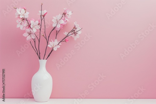 Sophisticated Floral Display: A clean and modern aesthetic featuring a pink background for a vase flower, offering a sophisticated and visually appealing arrangement.
