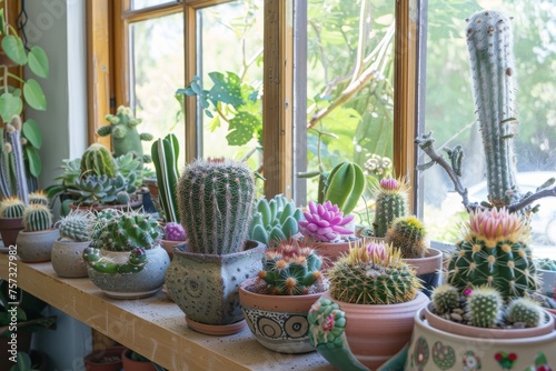 Many beautiful cacti in pots in the interior of the house.