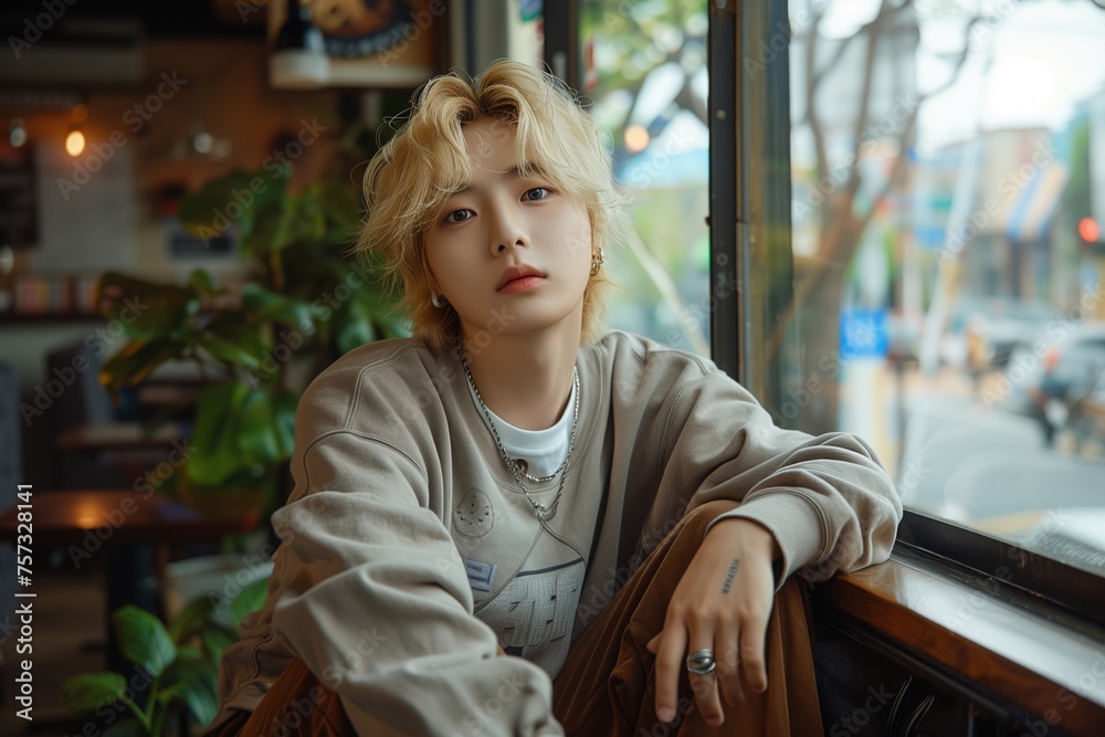 stylish cafe scene features a charming Korean lad in a gray sweatshirt, layered with a white tee and brown trousers