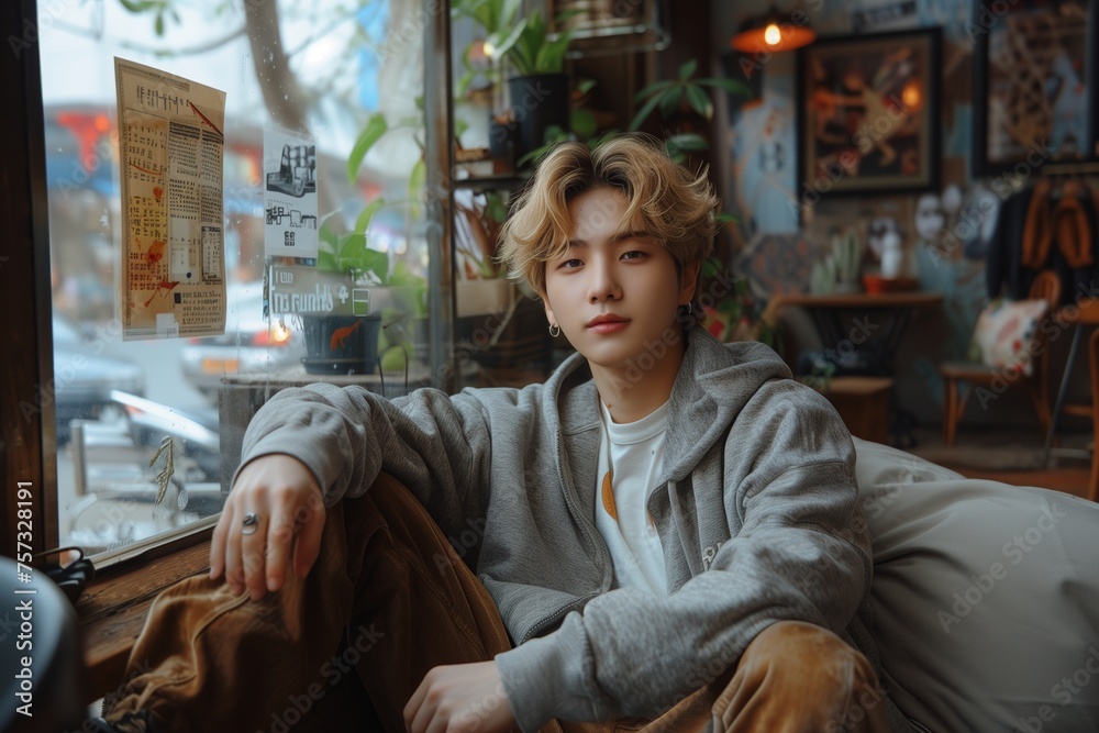 stylish cafe scene features a charming Korean lad in a gray sweatshirt, layered with a white tee and brown trousers stylish cafe scene features a charming Korean lad in a gray sweatshirt, layered with a white tee and brown trousers