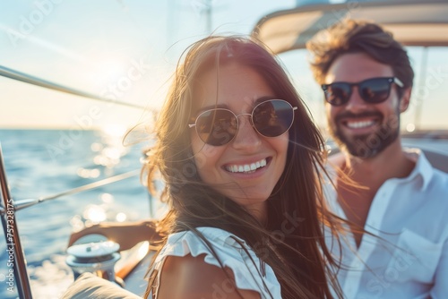 A man and a woman are sitting on a boat in the ocean, with the woman wearing sunglasses. The water sparkles around them as they enjoy the view in style