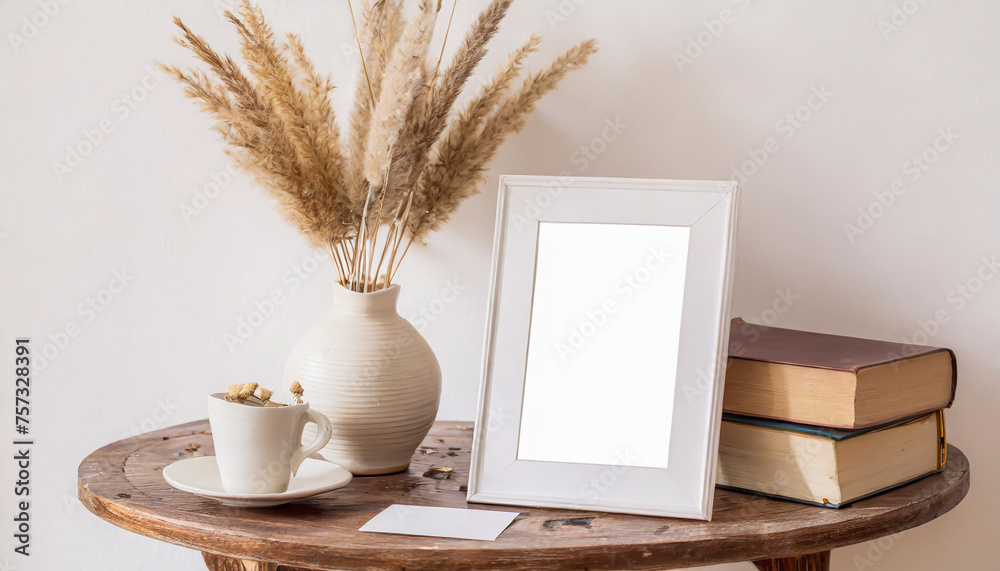 Vintage wooden bench with a white frame mockup, accompanied by a modern white ceramic vase holding Lagurus ovatus grass on a marble tray. In front, a blurred beige linen blanket enhances the