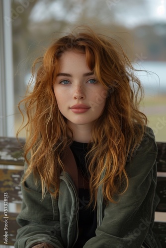 red haired woman with curls relaxes on a park bench