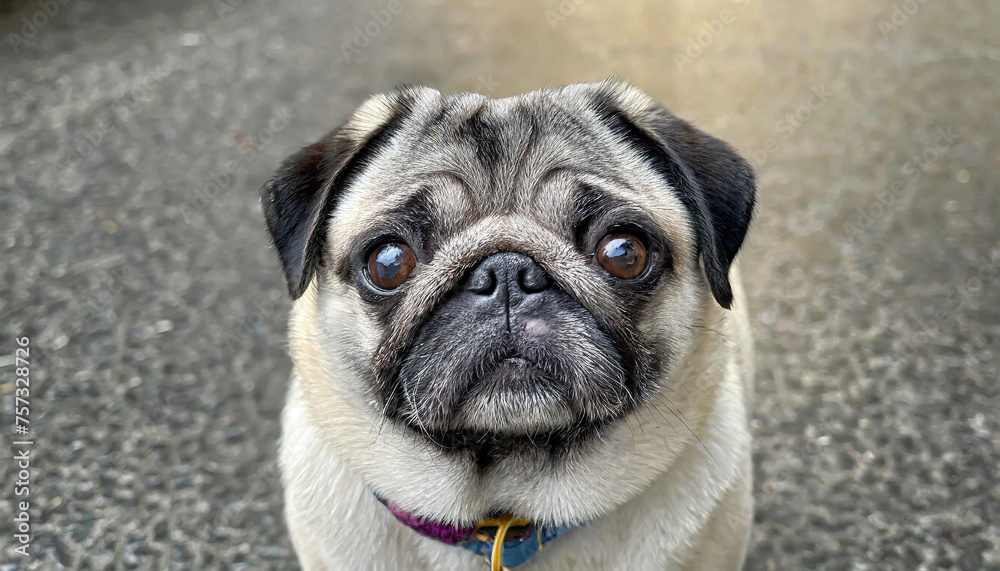 pug dog with gray fur exposing only half of head.