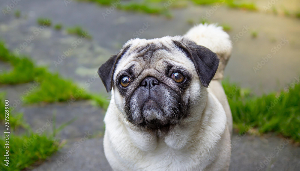 pug dog with gray fur exposing only half of head.