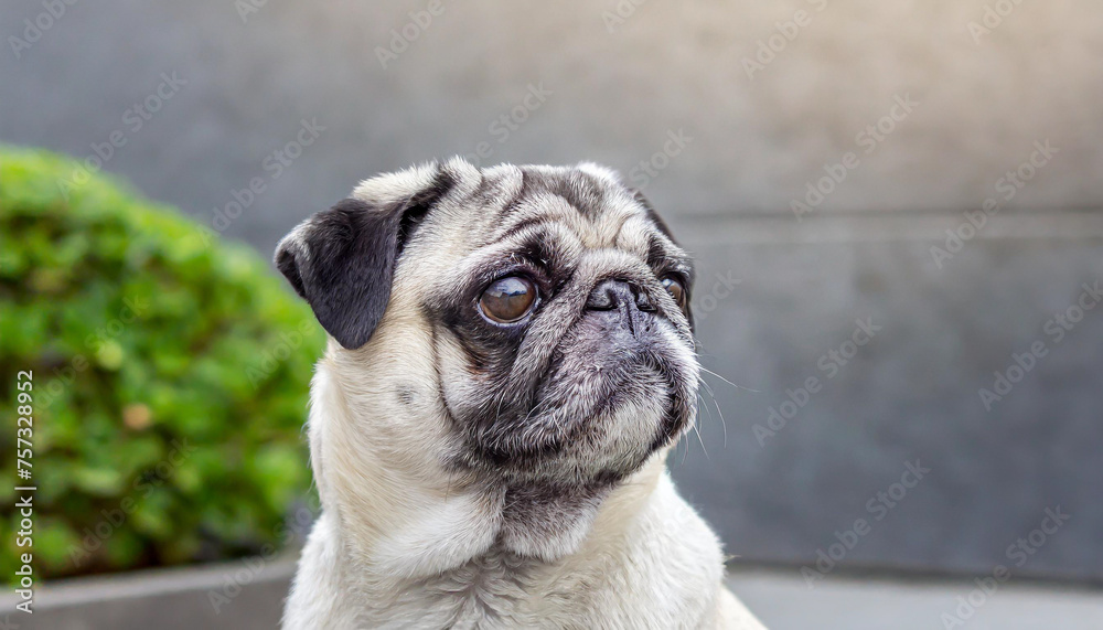 pug dog with gray fur exposing only half of head.