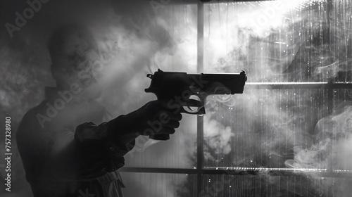 Through a fogged window the outline of a male hand holding a gun is seen a moment captured in shades of gray and black