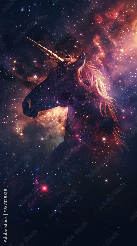 Through the dark canvas of space a unicorn adorned with stars navigates the galaxy its horn piercing through cosmic veils Through the dark canvas of space a unicorn adorned with stars navigates the galaxy its horn piercing through cosmic veils