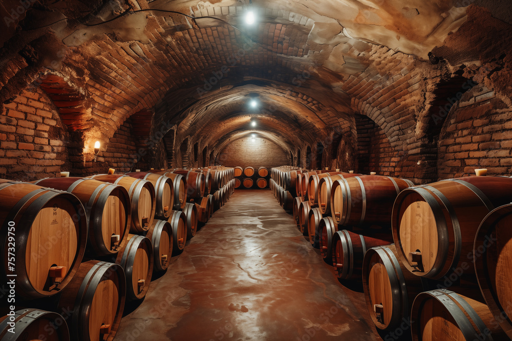 A traditional winery cellar with rows of wooden barrels illuminated by warm lighting