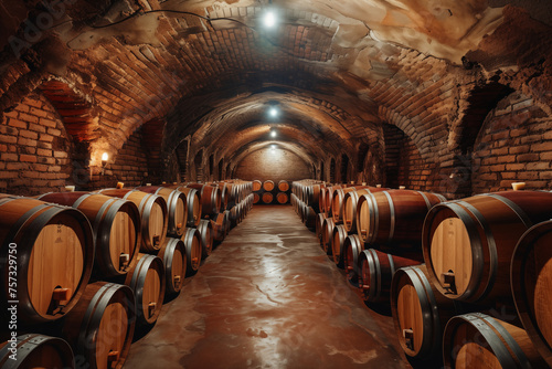 A traditional winery cellar with rows of wooden barrels illuminated by warm lighting