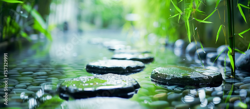 Stepping stones in a serene garden pond surrounded by lush greenery, pebbles, and bamboo leaves create a peaceful, natural atmosphere ideal for relaxation and meditation.