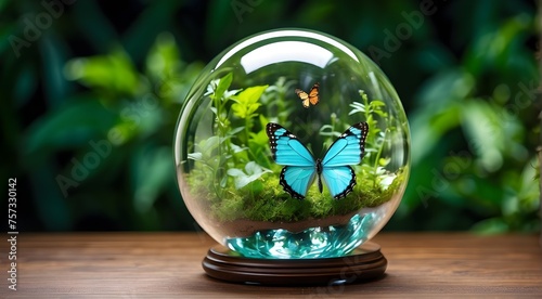 Concept of World Environment Day. Glass globe with a butterfly. the circular economy sustainable energy. objectives for sustainable development. Ecological and sustainable concepts, renewable energy, 
